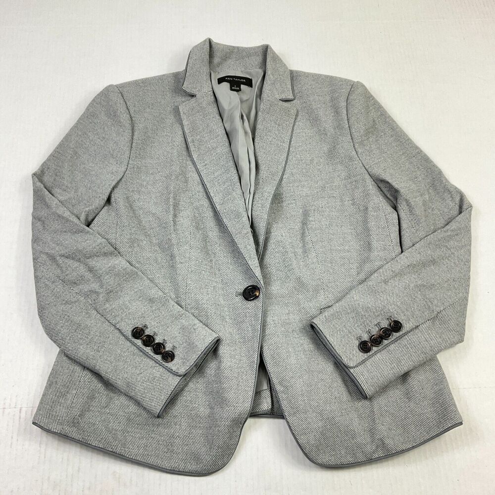 Ann Taylor Wool Blend Blazer Gray Button Front Pockets Long Sleeve Jacket Size 2
